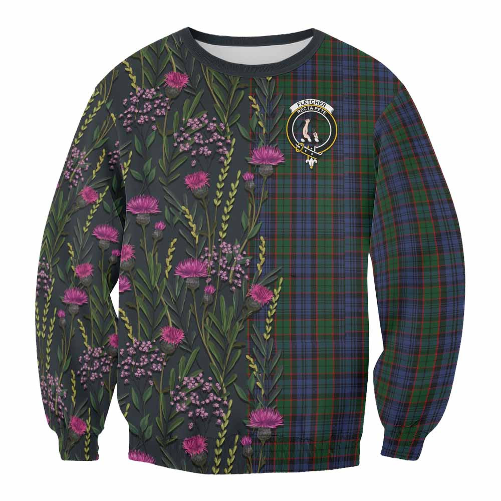 ScotsTee Shop Scottish Fletcher Family Crest Tartan Sweatshirt Scottish Thistle Flower Pattern Half Style