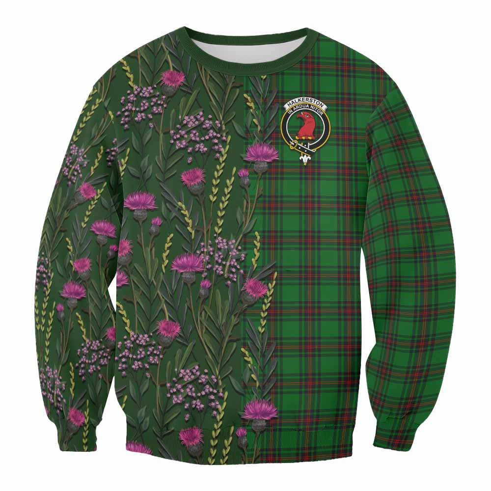 ScotsTee Shop Scottish Halkerston Family Crest Tartan Sweatshirt Scottish Thistle Flower Pattern Half Style