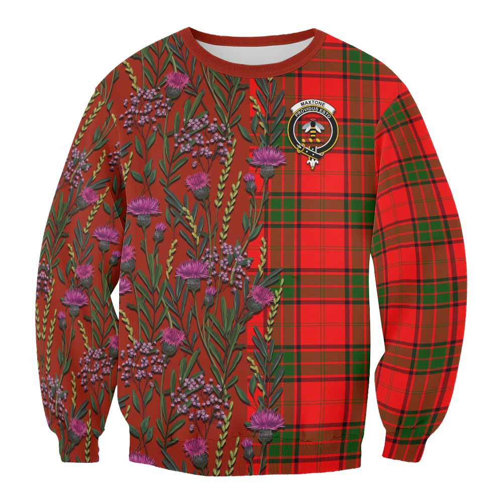 ScotsTee Shop Scottish Maxtone Family Crest Tartan Sweatshirt Scottish Thistle Flower Pattern Half Style