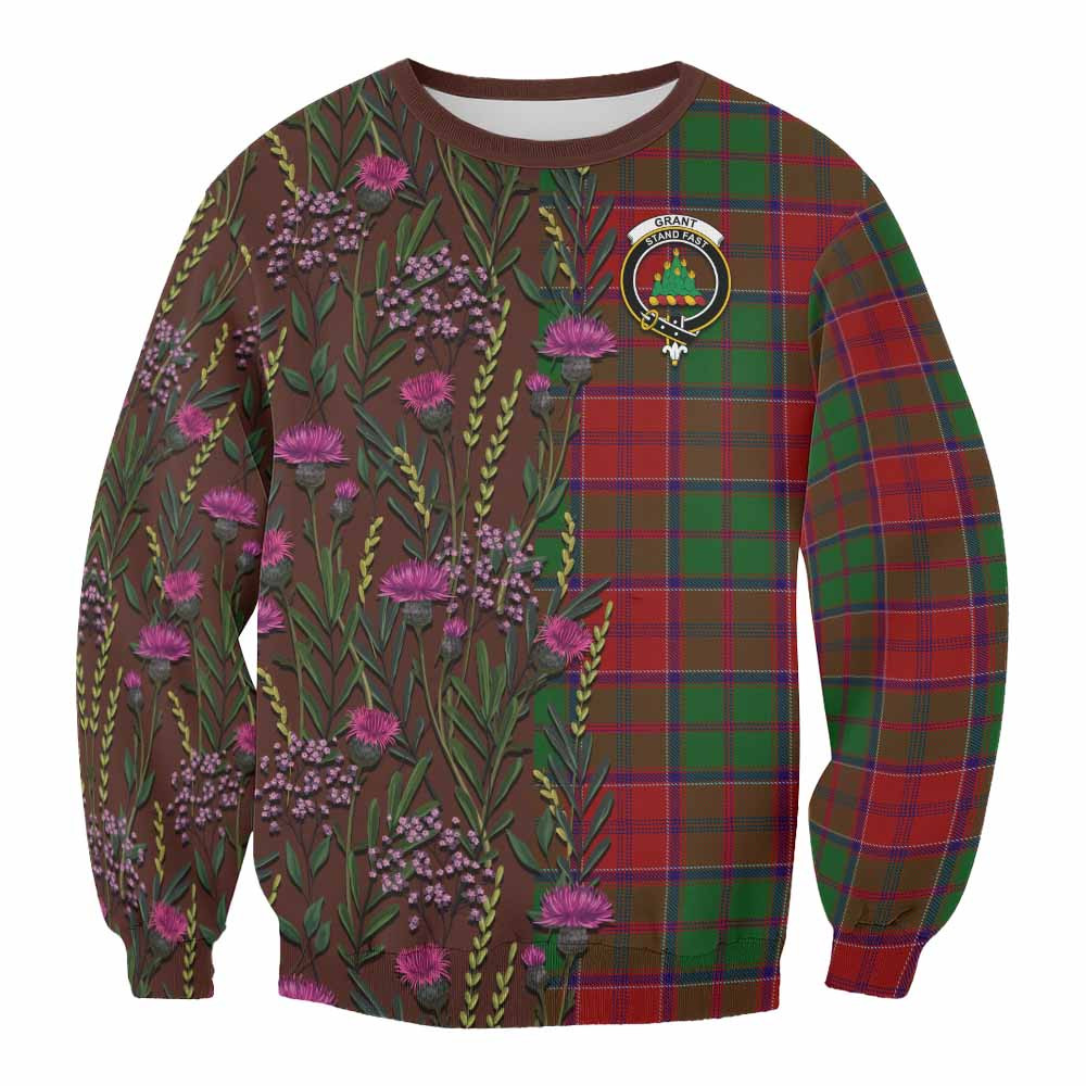ScotsTee Shop Scottish Grant Family Crest Tartan Sweatshirt Scottish Thistle Flower Pattern Half Style