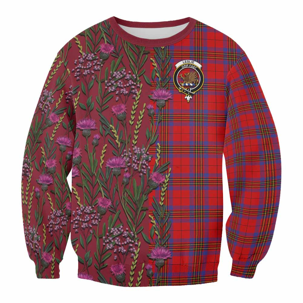 ScotsTee Shop Scottish Leslie Family Crest Tartan Sweatshirt Scottish Thistle Flower Pattern Half Style