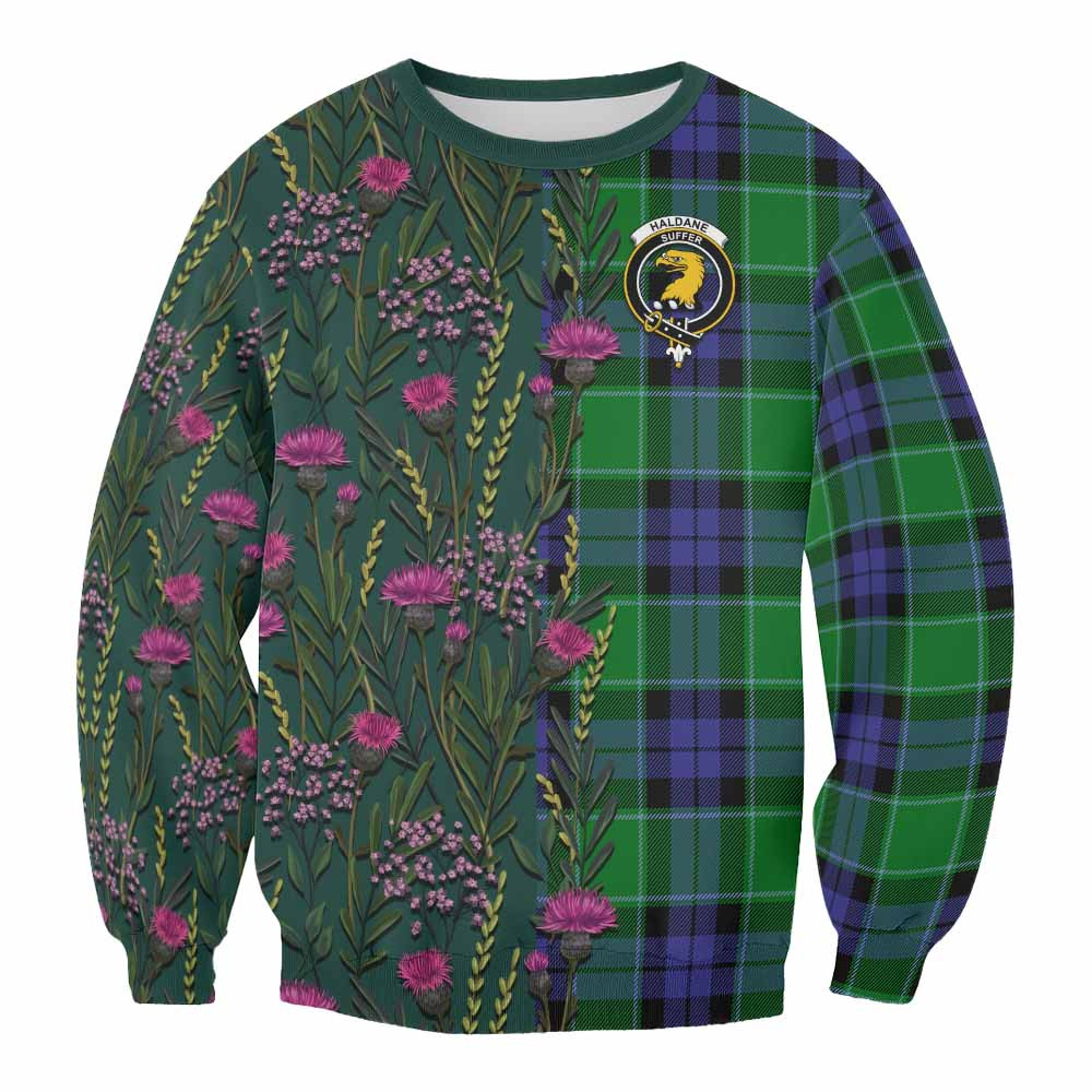 ScotsTee Shop Scottish Haldane Family Crest Tartan Sweatshirt Scottish Thistle Flower Pattern Half Style