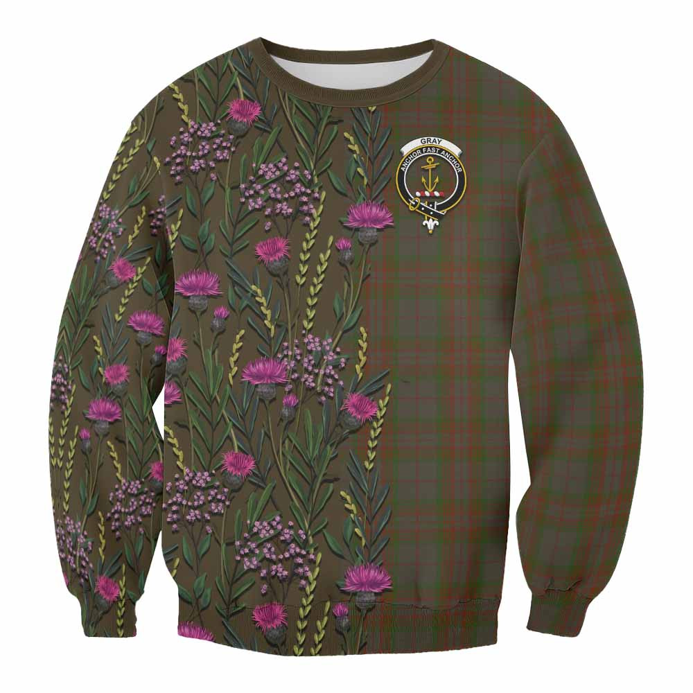 ScotsTee Shop Scottish Gray Family Crest Tartan Sweatshirt Scottish Thistle Flower Pattern Half Style