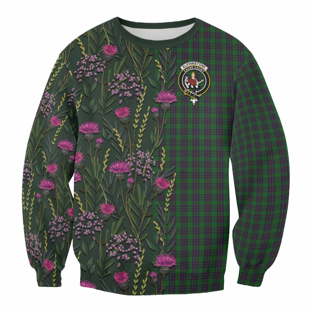 ScotsTee Shop Scottish Elphinstone Family Crest Tartan Sweatshirt Scottish Thistle Flower Pattern Half Style