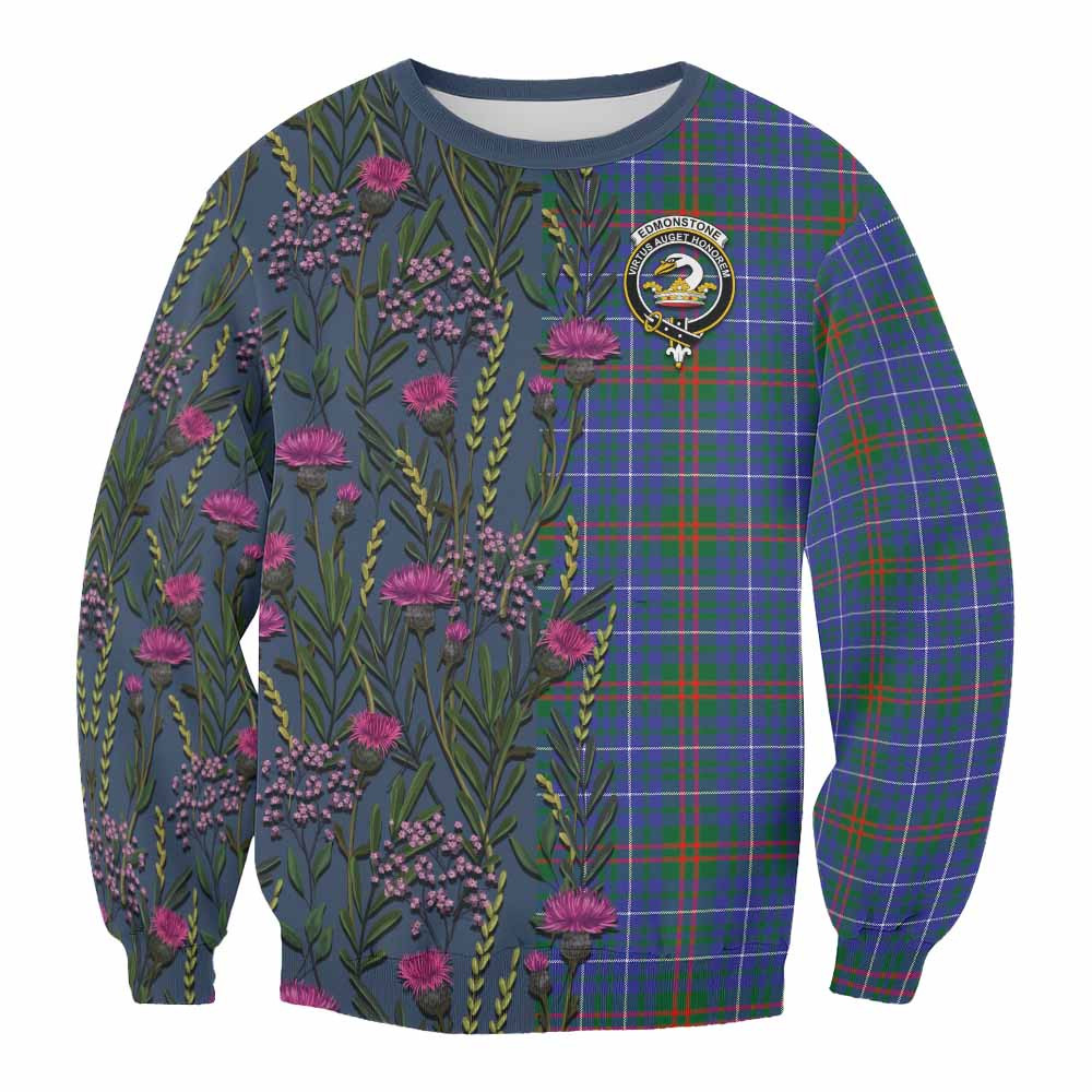 ScotsTee Shop Scottish Edmonstone Family Crest Tartan Sweatshirt Scottish Thistle Flower Pattern Half Style