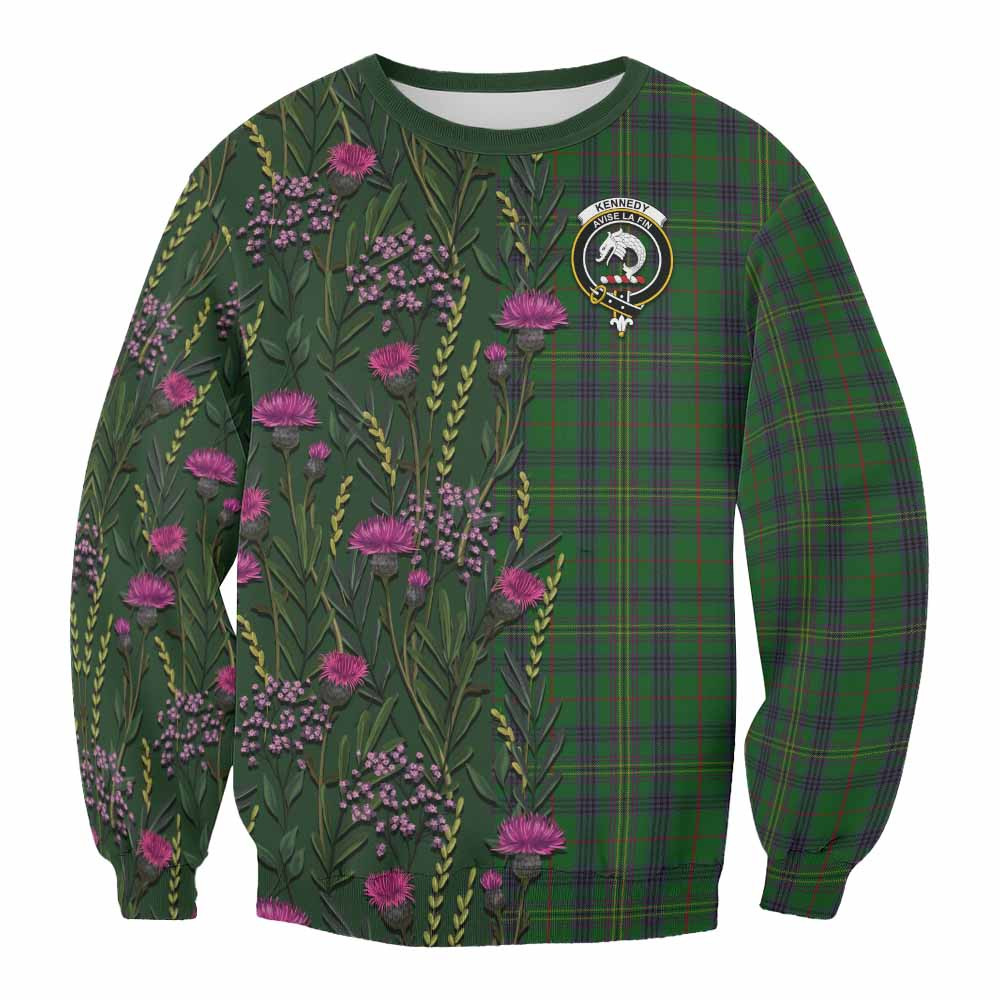 ScotsTee Shop Scottish Kennedy Family Crest Tartan Sweatshirt Scottish Thistle Flower Pattern Half Style
