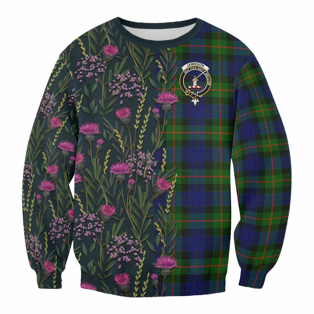 ScotsTee Shop Scottish Jamieson Family Crest Tartan Sweatshirt Scottish Thistle Flower Pattern Half Style