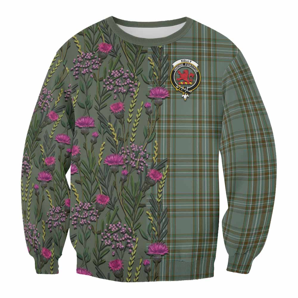 ScotsTee Shop Scottish Kelly Family Crest Tartan Sweatshirt Scottish Thistle Flower Pattern Half Style