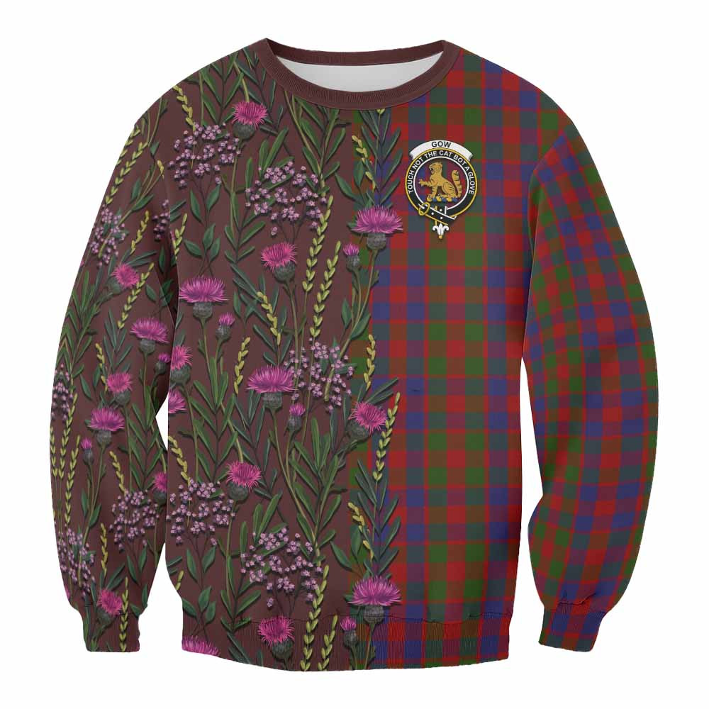 ScotsTee Shop Scottish Gow Family Crest Tartan Sweatshirt Scottish Thistle Flower Pattern Half Style