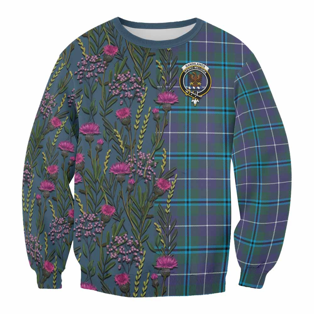 ScotsTee Shop Scottish Sandilands Family Crest Tartan Sweatshirt Scottish Thistle Flower Pattern Half Style