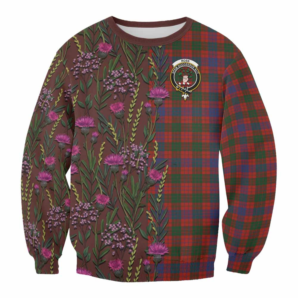 ScotsTee Shop Scottish Ross Family Crest Tartan Sweatshirt Scottish Thistle Flower Pattern Half Style