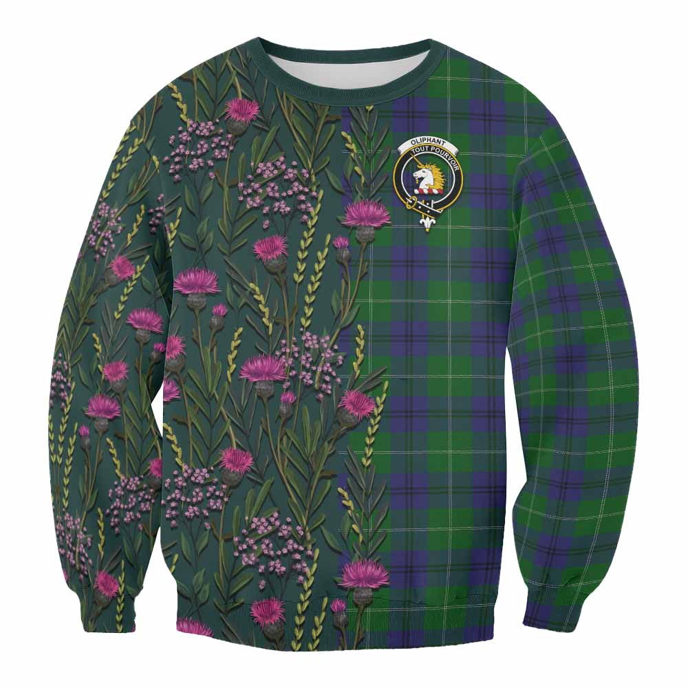 ScotsTee Shop Scottish Oliphant Family Crest Tartan Sweatshirt Scottish Thistle Flower Pattern Half Style