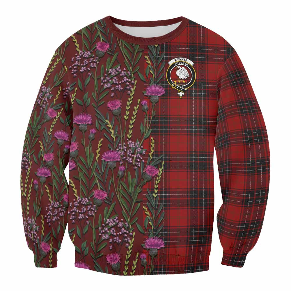 ScotsTee Shop Scottish Wemyss Family Crest Tartan Sweatshirt Scottish Thistle Flower Pattern Half Style