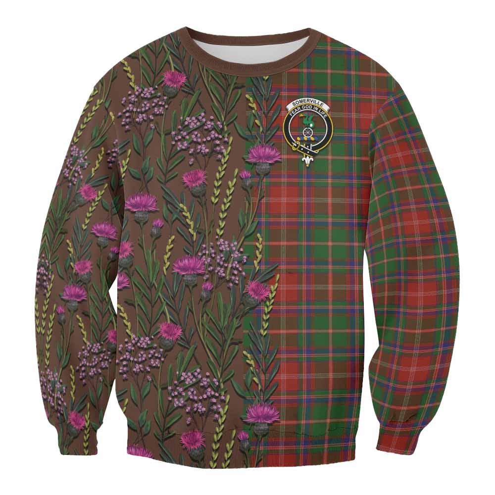 ScotsTee Shop Scottish Somerville Family Crest Tartan Sweatshirt Scottish Thistle Flower Pattern Half Style