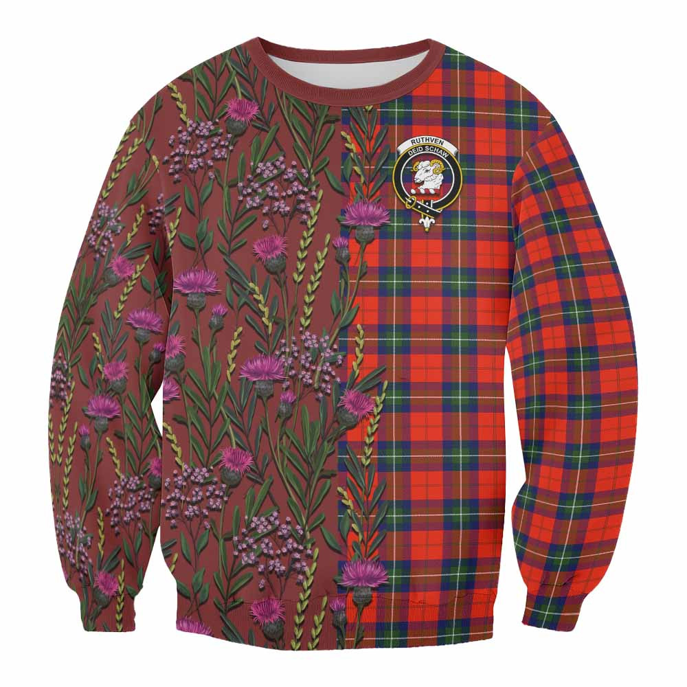 ScotsTee Shop Scottish Ruthven Family Crest Tartan Sweatshirt Scottish Thistle Flower Pattern Half Style