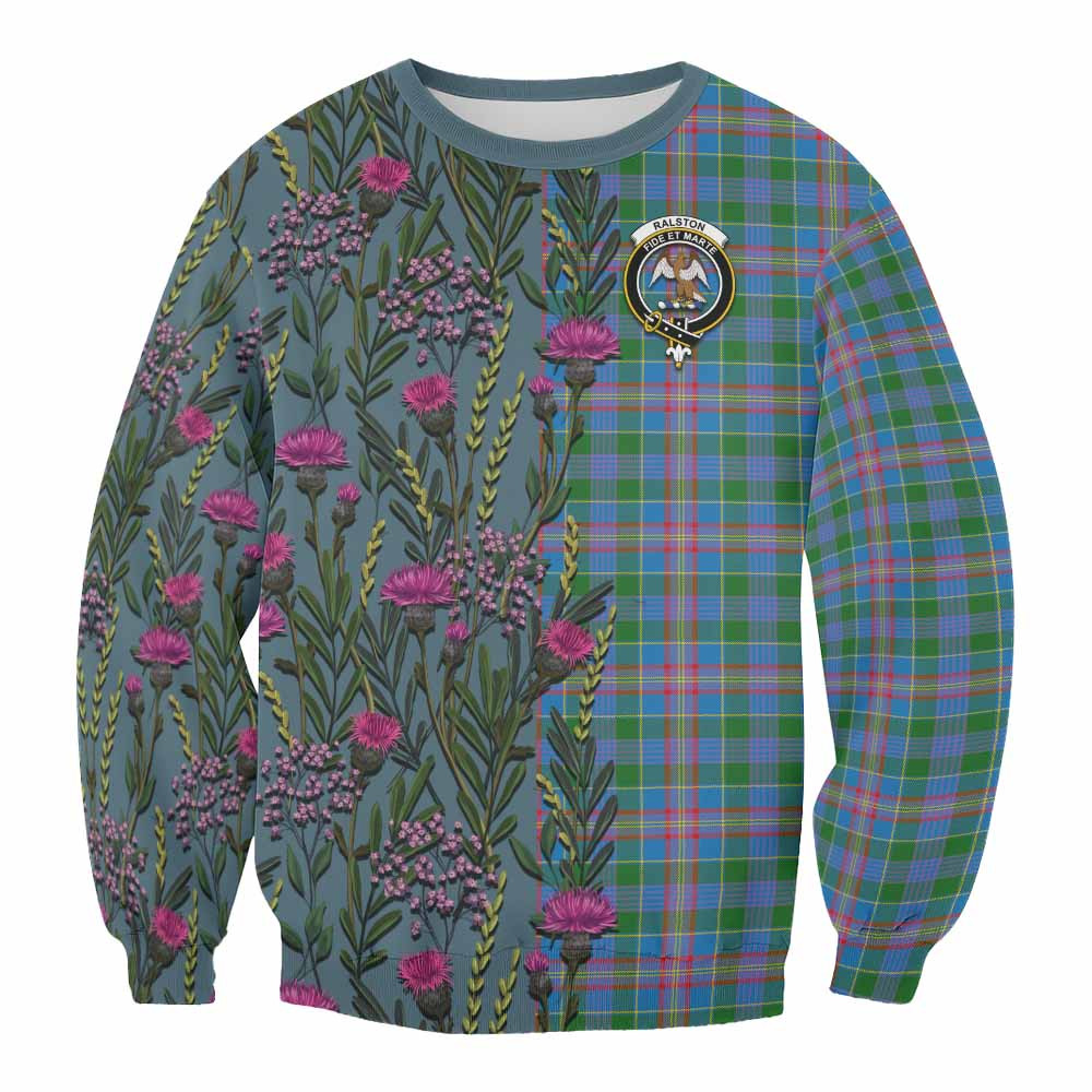 ScotsTee Shop Scottish Ralston Family Crest Tartan Sweatshirt Scottish Thistle Flower Pattern Half Style