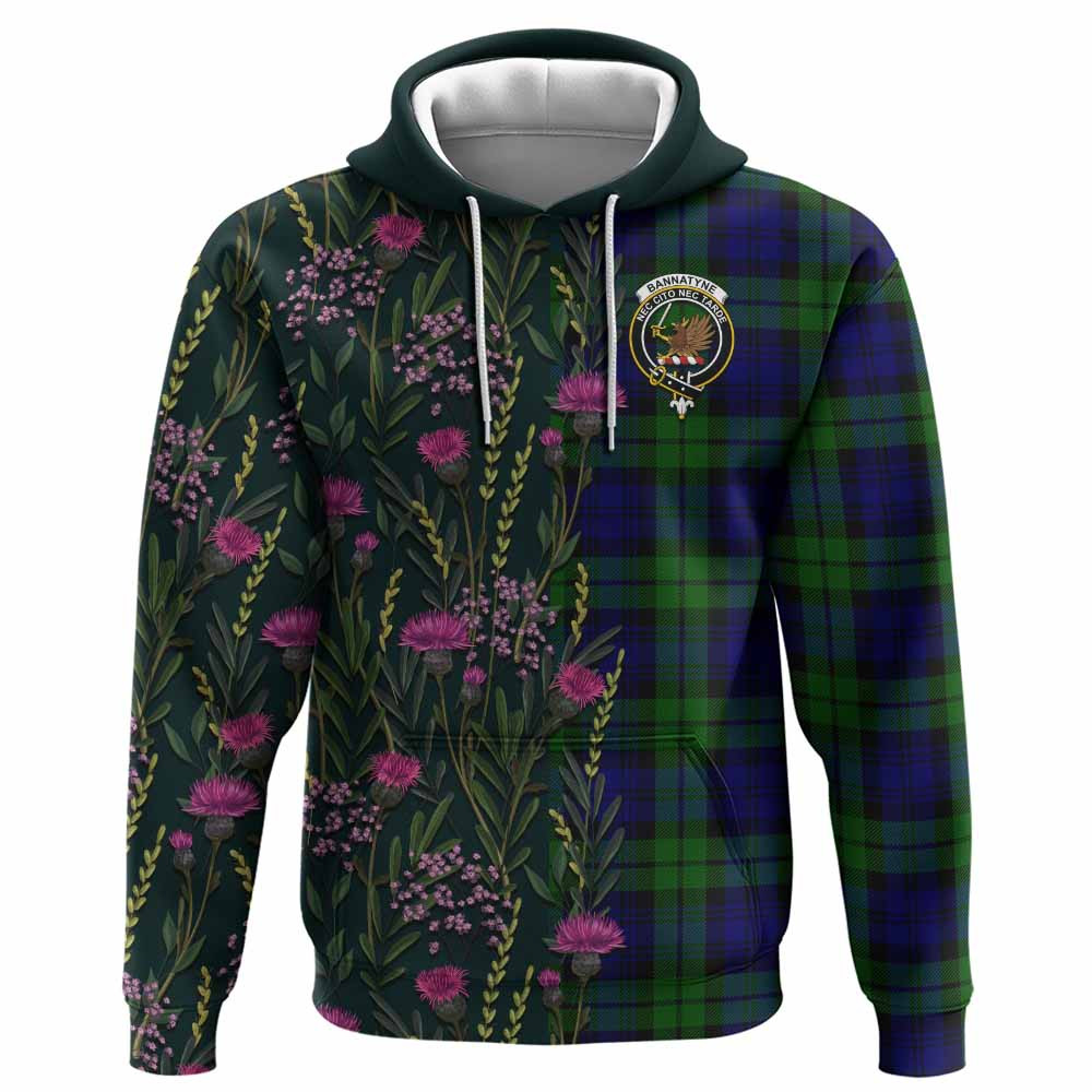 ScotsTee Shop Scottish Bannatyne Family Crest Tartan Hoodie Scottish Thistle Flower Half Style