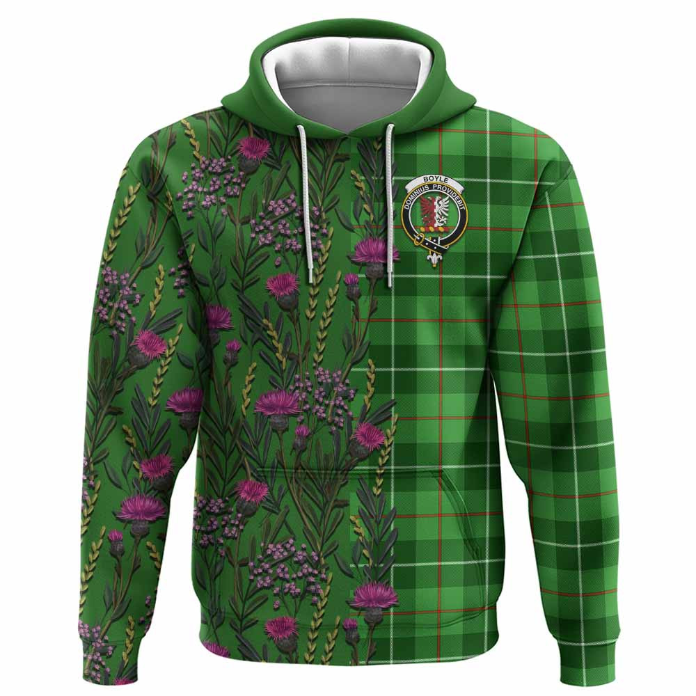 ScotsTee Shop Scottish Boyle Family Crest Tartan Hoodie Scottish Thistle Flower Half Style