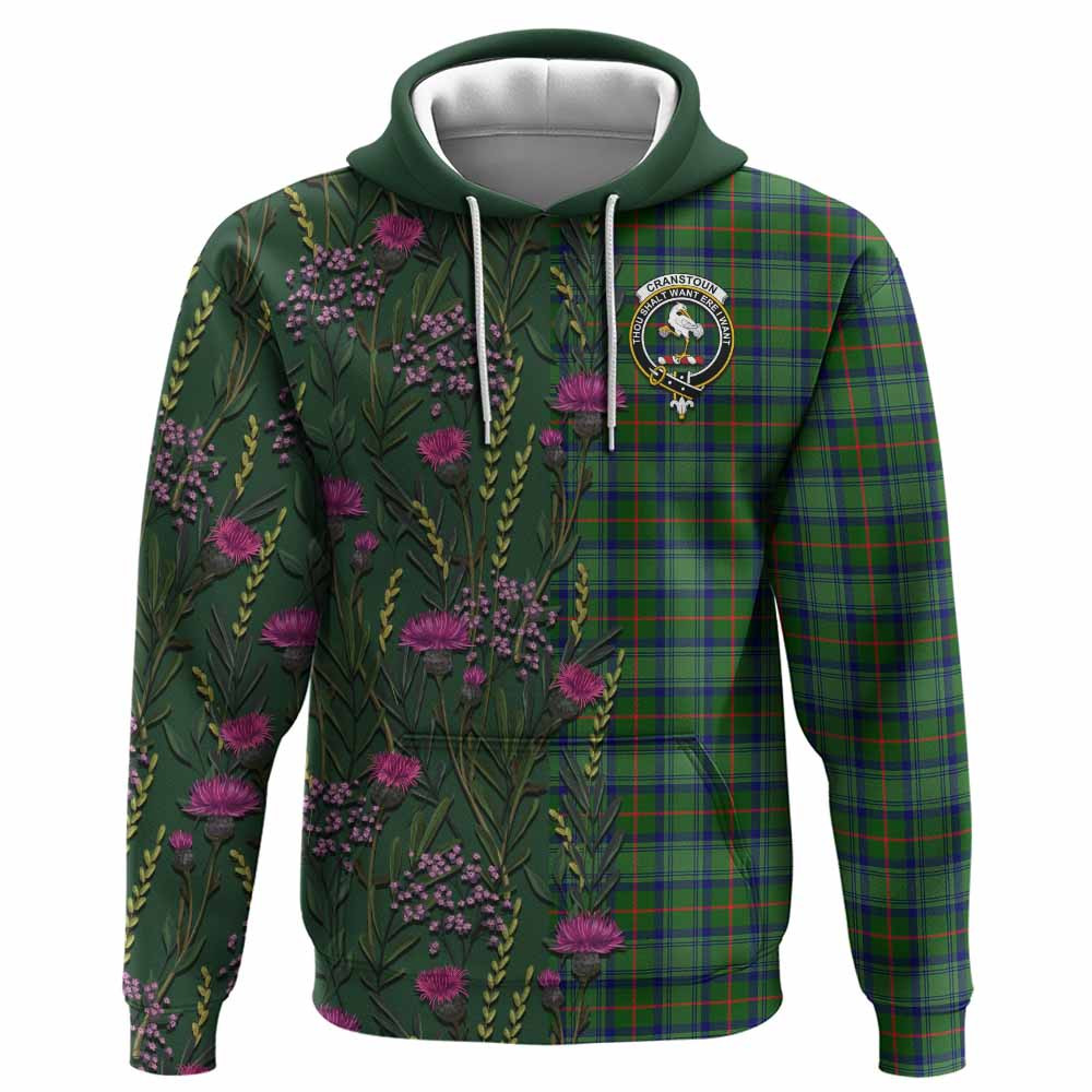 ScotsTee Shop Scottish Cranstoun (Cranston) Family Crest Tartan Hoodie Scottish Thistle Flower Half Style
