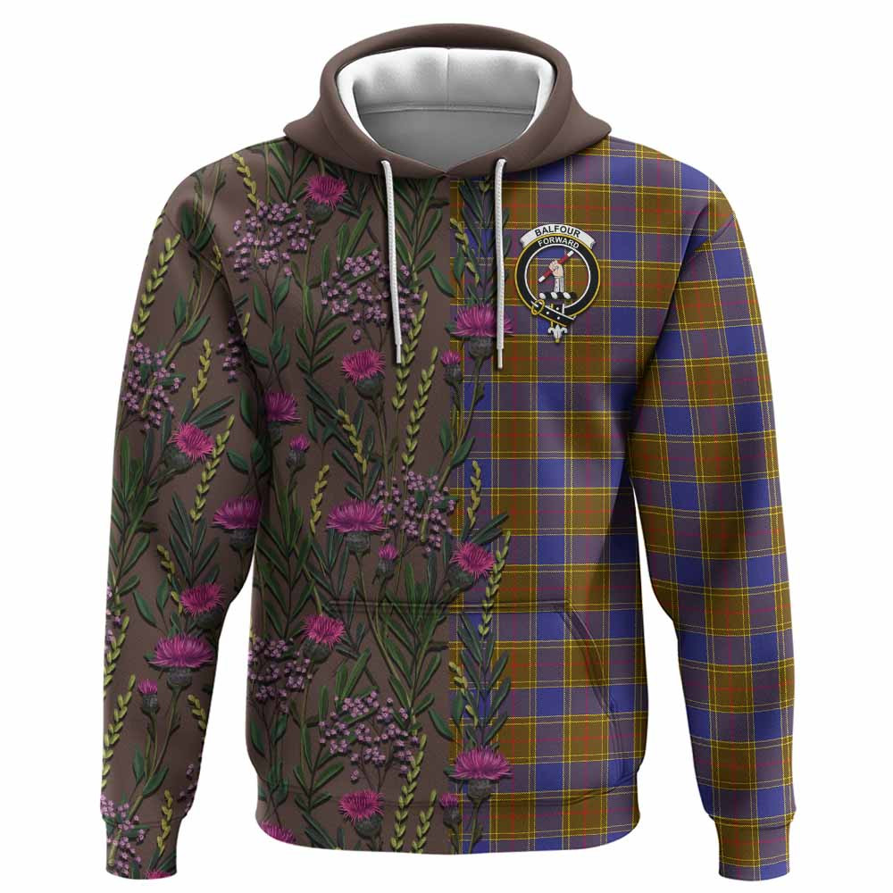 ScotsTee Shop Scottish Balfour Family Crest Tartan Hoodie Scottish Thistle Flower Half Style