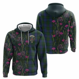 ScotsTee Shop Scottish Colquhoun Family Crest Tartan Hoodie Scottish Thistle Flower Half Style