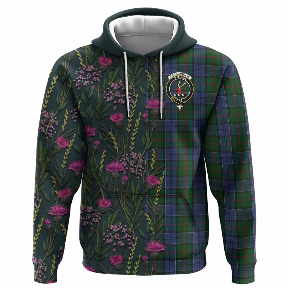 ScotsTee Shop Scottish Colquhoun Family Crest Tartan Hoodie Scottish Thistle Flower Half Style