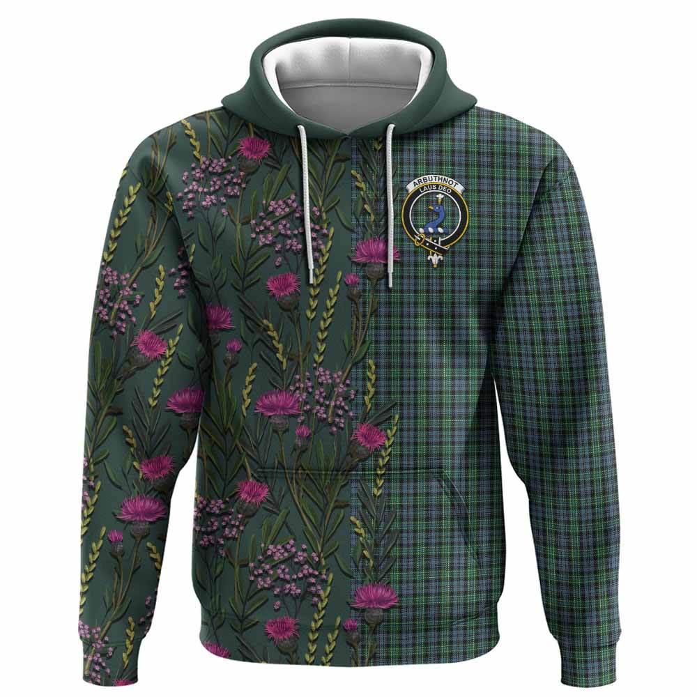 ScotsTee Shop Scottish Arbuthnot Family Crest Tartan Hoodie Scottish Thistle Flower Half Style