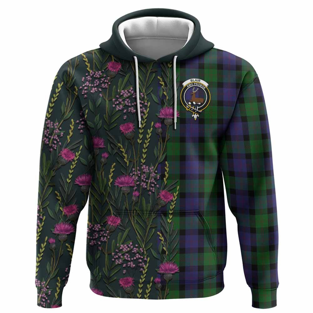 ScotsTee Shop Scottish Blair Family Crest Tartan Hoodie Scottish Thistle Flower Half Style