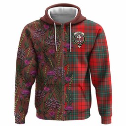 ScotsTee Shop Scottish Cheyne Family Crest Tartan Hoodie Scottish Thistle Flower Half Style