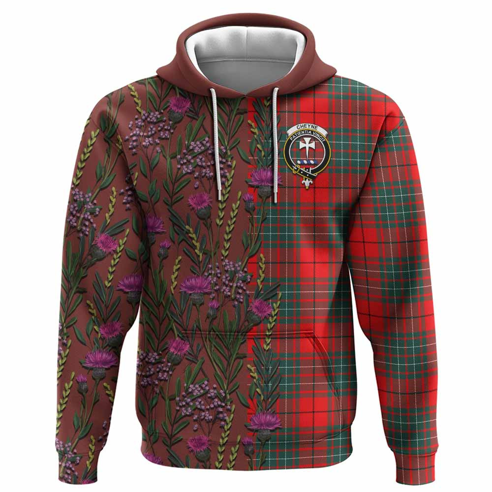 ScotsTee Shop Scottish Cheyne Family Crest Tartan Hoodie Scottish Thistle Flower Half Style