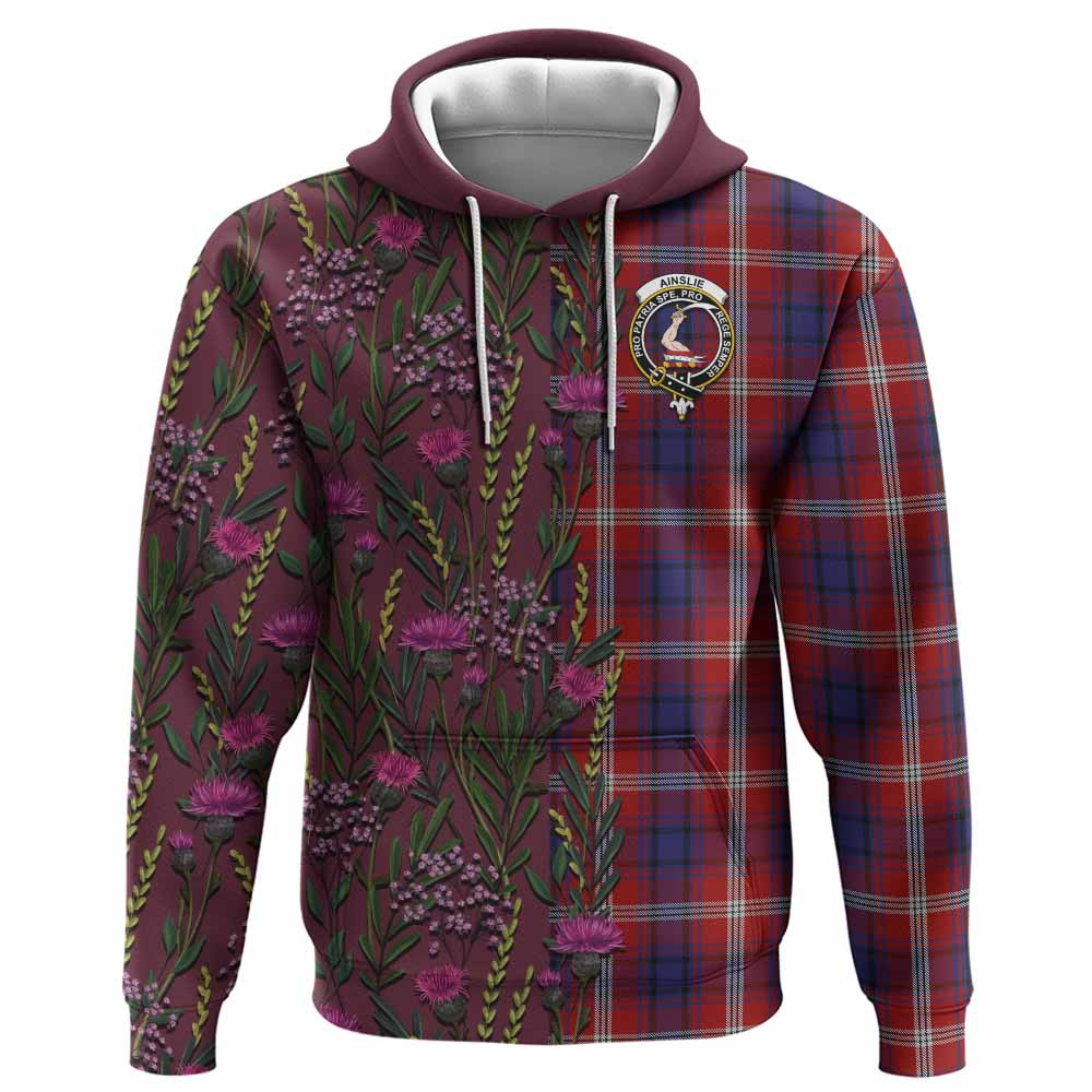 ScotsTee Shop Scottish Ainslie Family Crest Tartan Hoodie Scottish Thistle Flower Half Style
