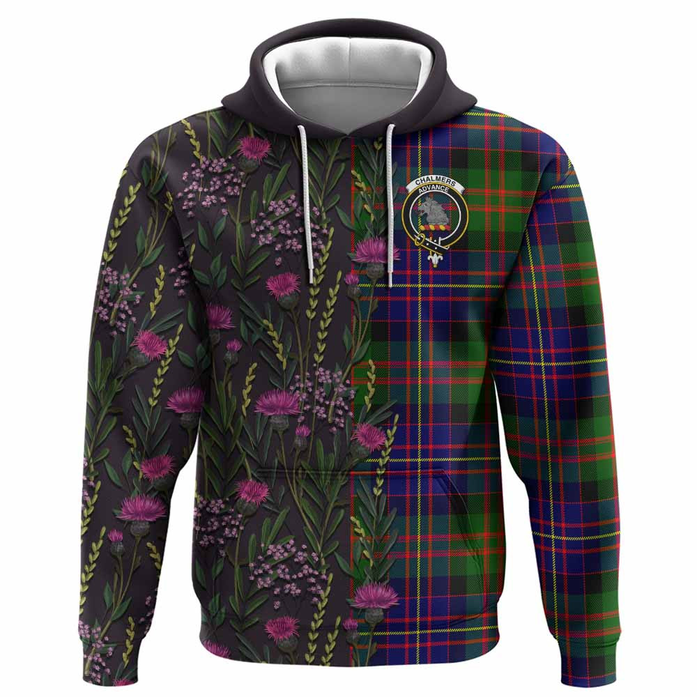 ScotsTee Shop Scottish Chalmers Family Crest Tartan Hoodie Scottish Thistle Flower Half Style