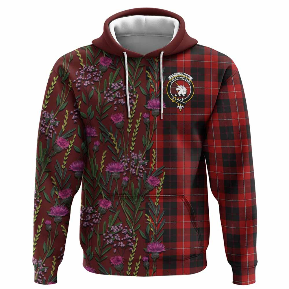 ScotsTee Shop Scottish Cunningham Family Crest Tartan Hoodie Scottish Thistle Flower Half Style