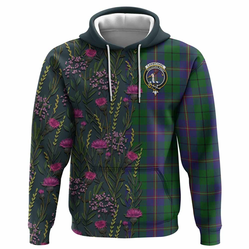 ScotsTee Shop Scottish Carmichael Family Crest Tartan Hoodie Scottish Thistle Flower Half Style