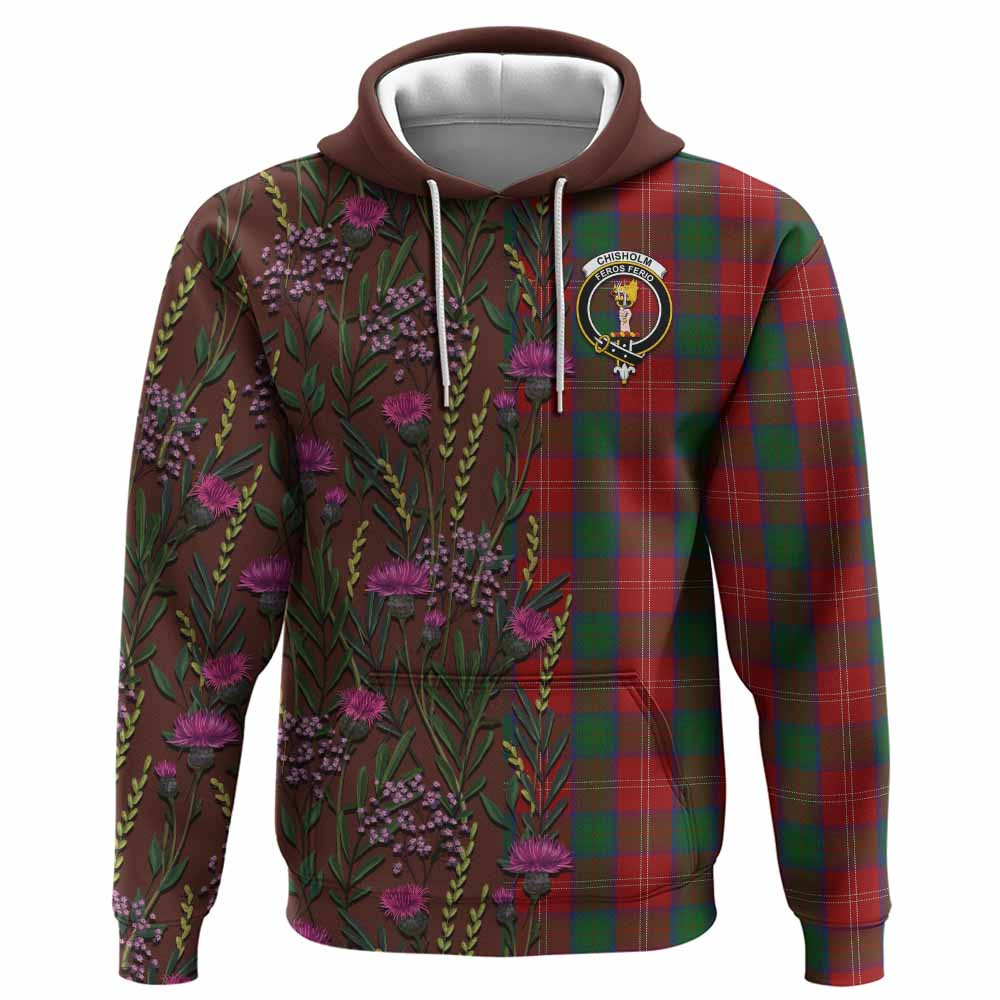 ScotsTee Shop Scottish Chisholm Family Crest Tartan Hoodie Scottish Thistle Flower Half Style