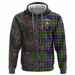 ScotsTee Shop Scottish Dalrymple Family Crest Tartan Hoodie Scottish Thistle Flower Half Style