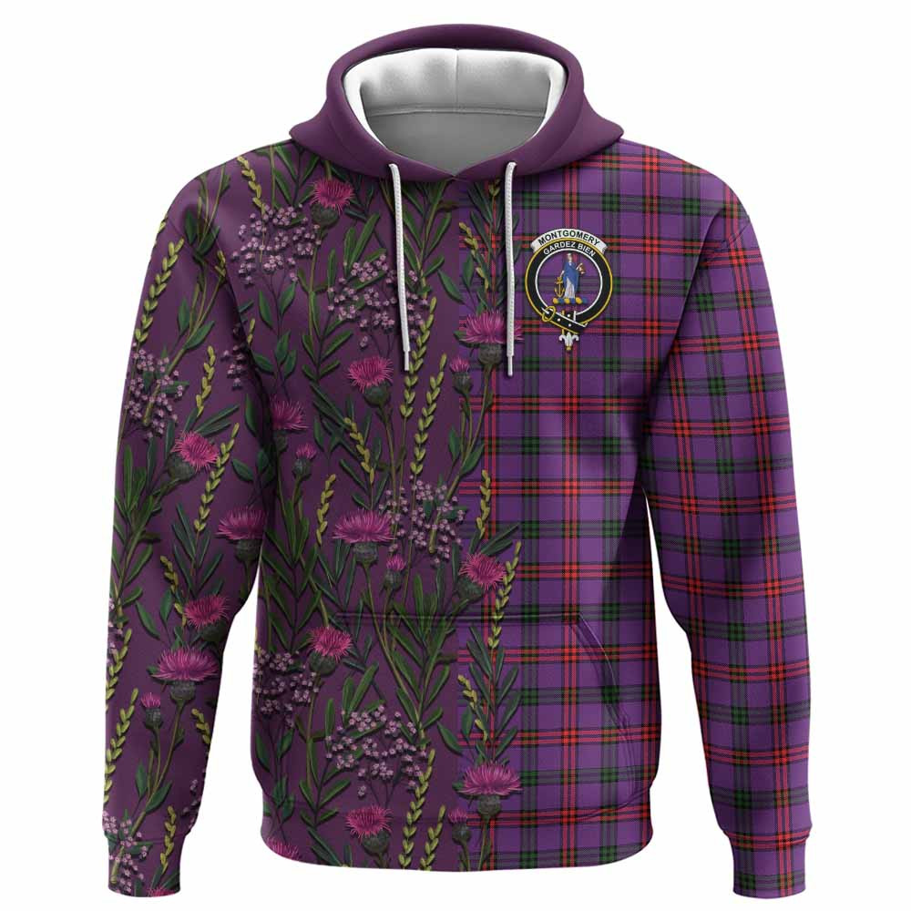 ScotsTee Shop Scottish Montgomery Family Crest Tartan Hoodie Scottish Thistle Flower Half Style