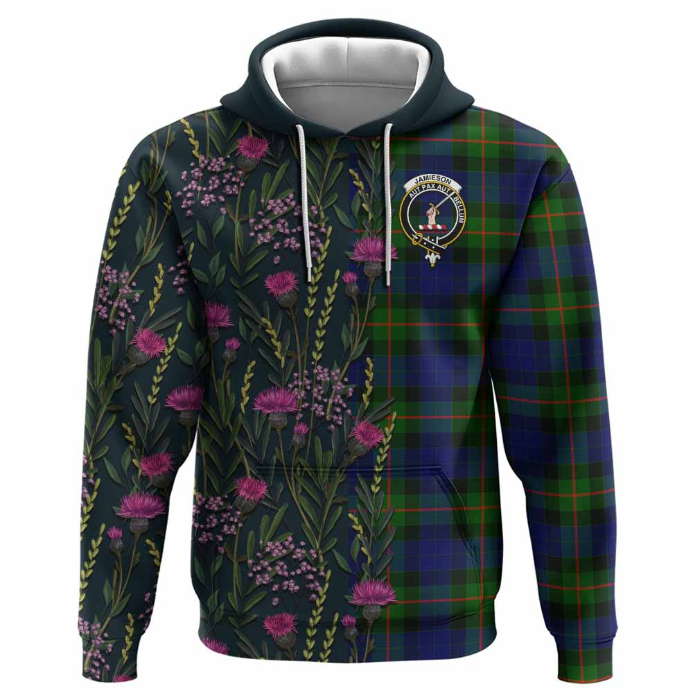 ScotsTee Shop Scottish Jamieson Family Crest Tartan Hoodie Scottish Thistle Flower Half Style