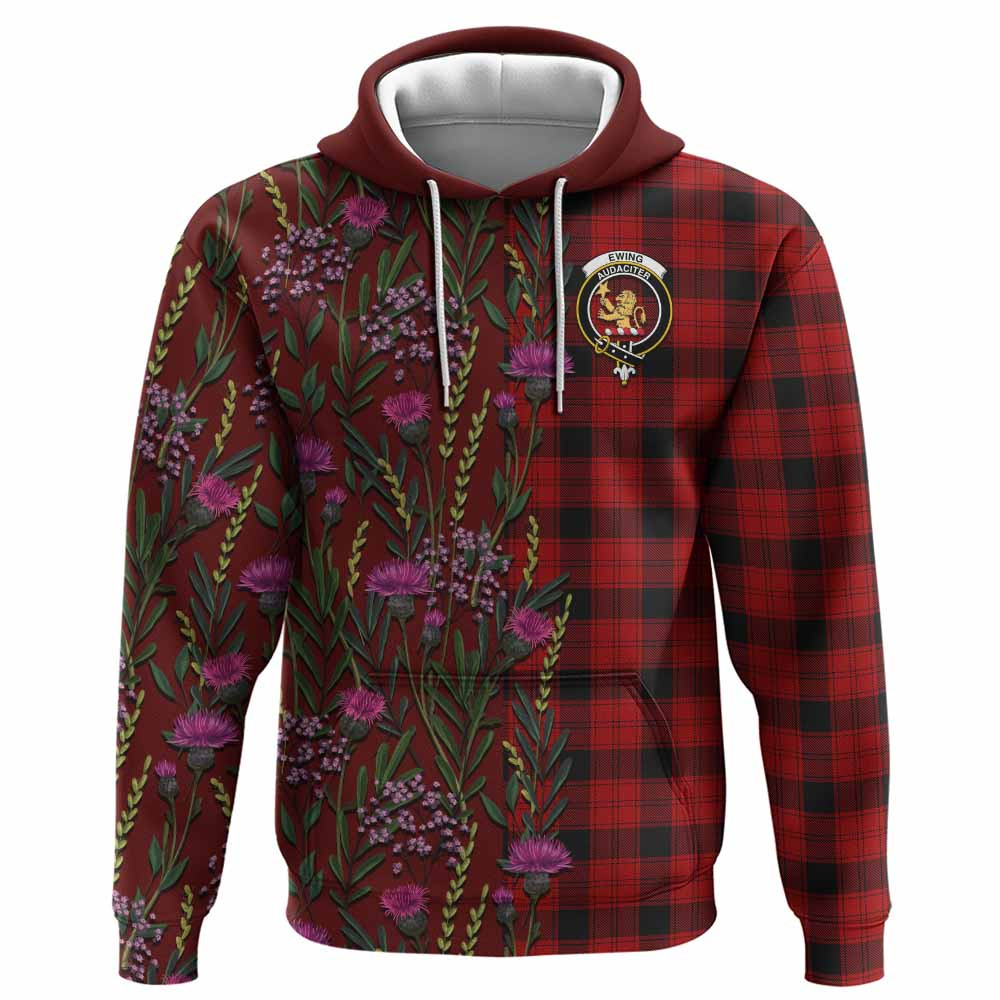ScotsTee Shop Scottish Ewing Family Crest Tartan Hoodie Scottish Thistle Flower Half Style