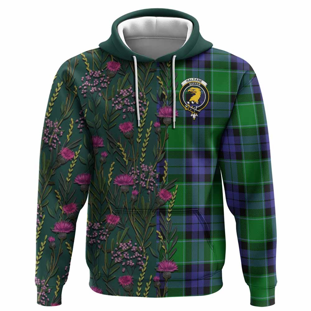 ScotsTee Shop Scottish Haldane Family Crest Tartan Hoodie Scottish Thistle Flower Half Style