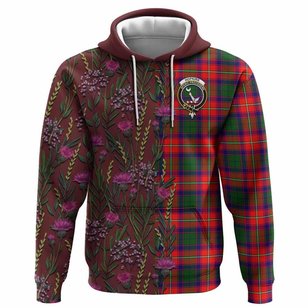 ScotsTee Shop Scottish Hopkirk Family Crest Tartan Hoodie Scottish Thistle Flower Half Style