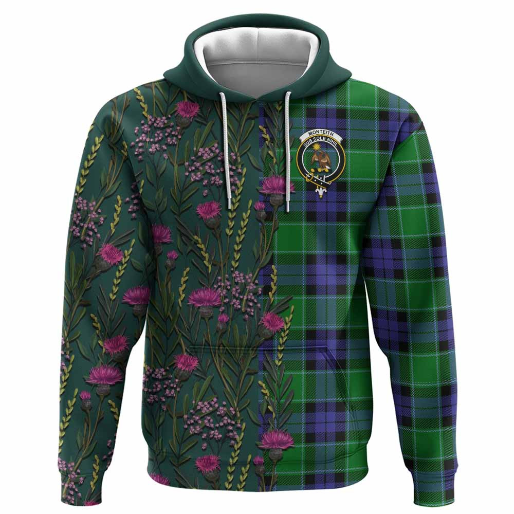 ScotsTee Shop Scottish Monteith Family Crest Tartan Hoodie Scottish Thistle Flower Half Style