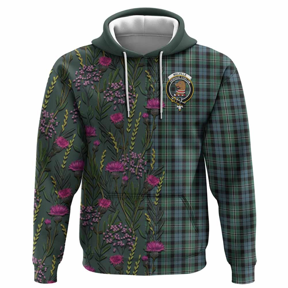 ScotsTee Shop Scottish Melville Family Crest Tartan Hoodie Scottish Thistle Flower Half Style