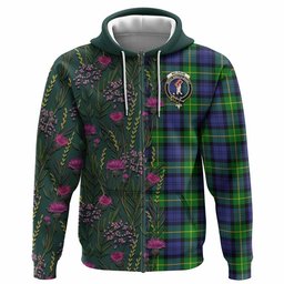 ScotsTee Shop Scottish Meldrum Family Crest Tartan Hoodie Scottish Thistle Flower Half Style