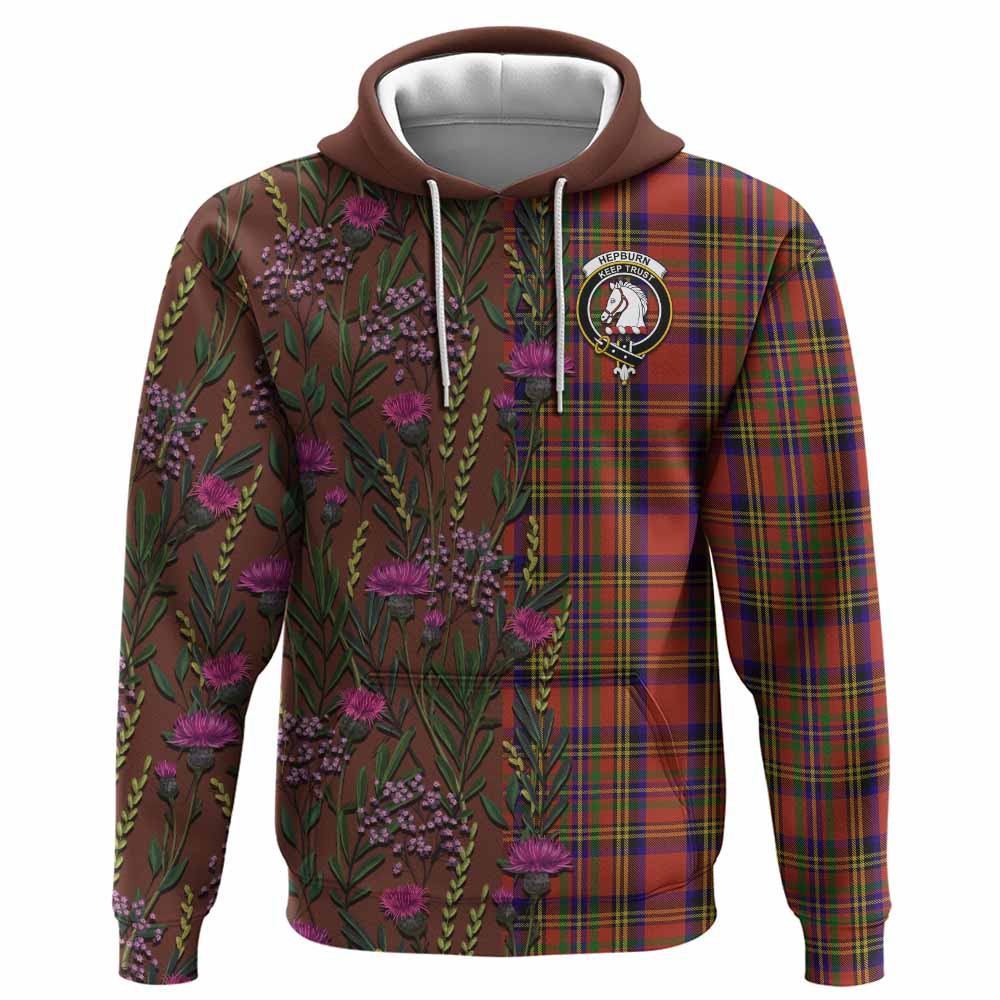 ScotsTee Shop Scottish Hepburn Family Crest Tartan Hoodie Scottish Thistle Flower Half Style