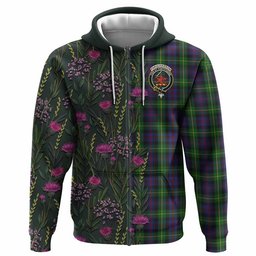 ScotsTee Shop Scottish Farquharson Family Crest Tartan Hoodie Scottish Thistle Flower Half Style