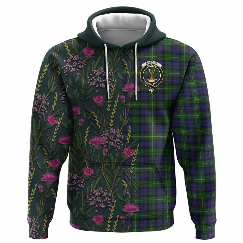 ScotsTee Shop Scottish Gordon Family Crest Tartan Hoodie Scottish Thistle Flower Half Style