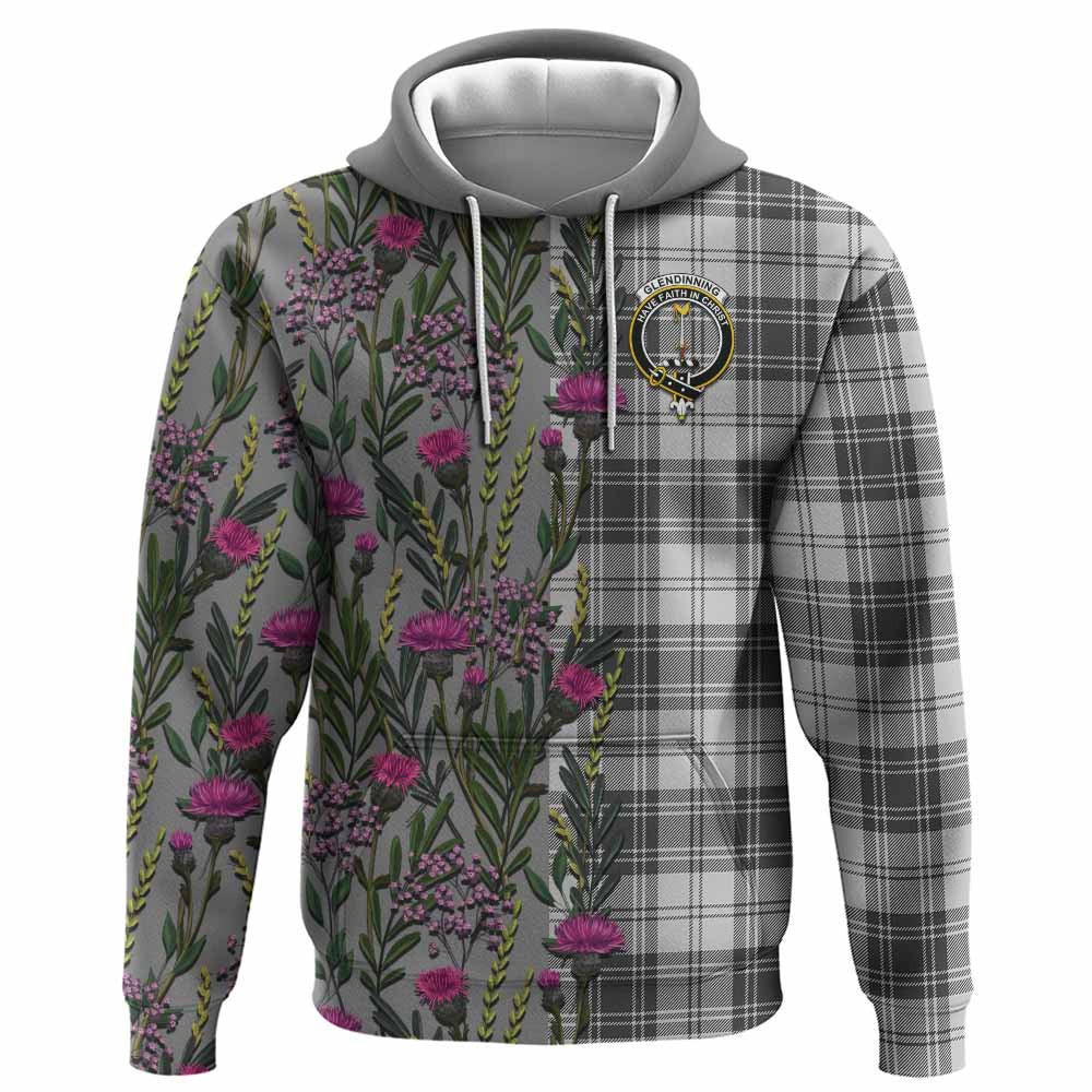ScotsTee Shop Scottish Glendinning Family Crest Tartan Hoodie Scottish Thistle Flower Half Style