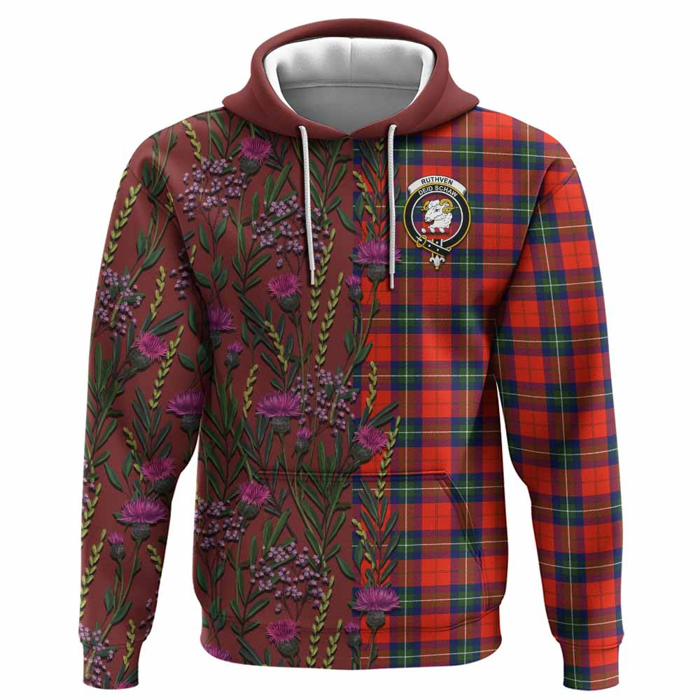 ScotsTee Shop Scottish Ruthven Family Crest Tartan Hoodie Scottish Thistle Flower Half Style