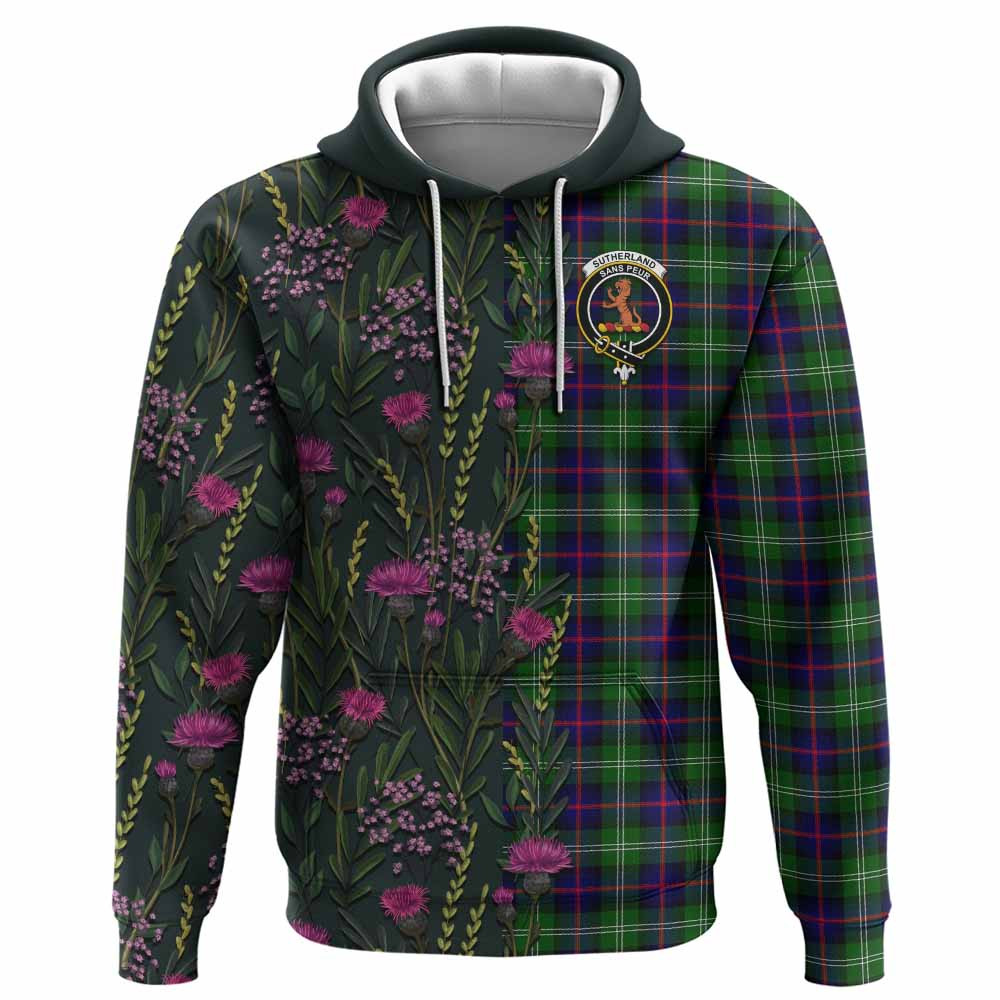 ScotsTee Shop Scottish Sutherland Family Crest Tartan Hoodie Scottish Thistle Flower Half Style